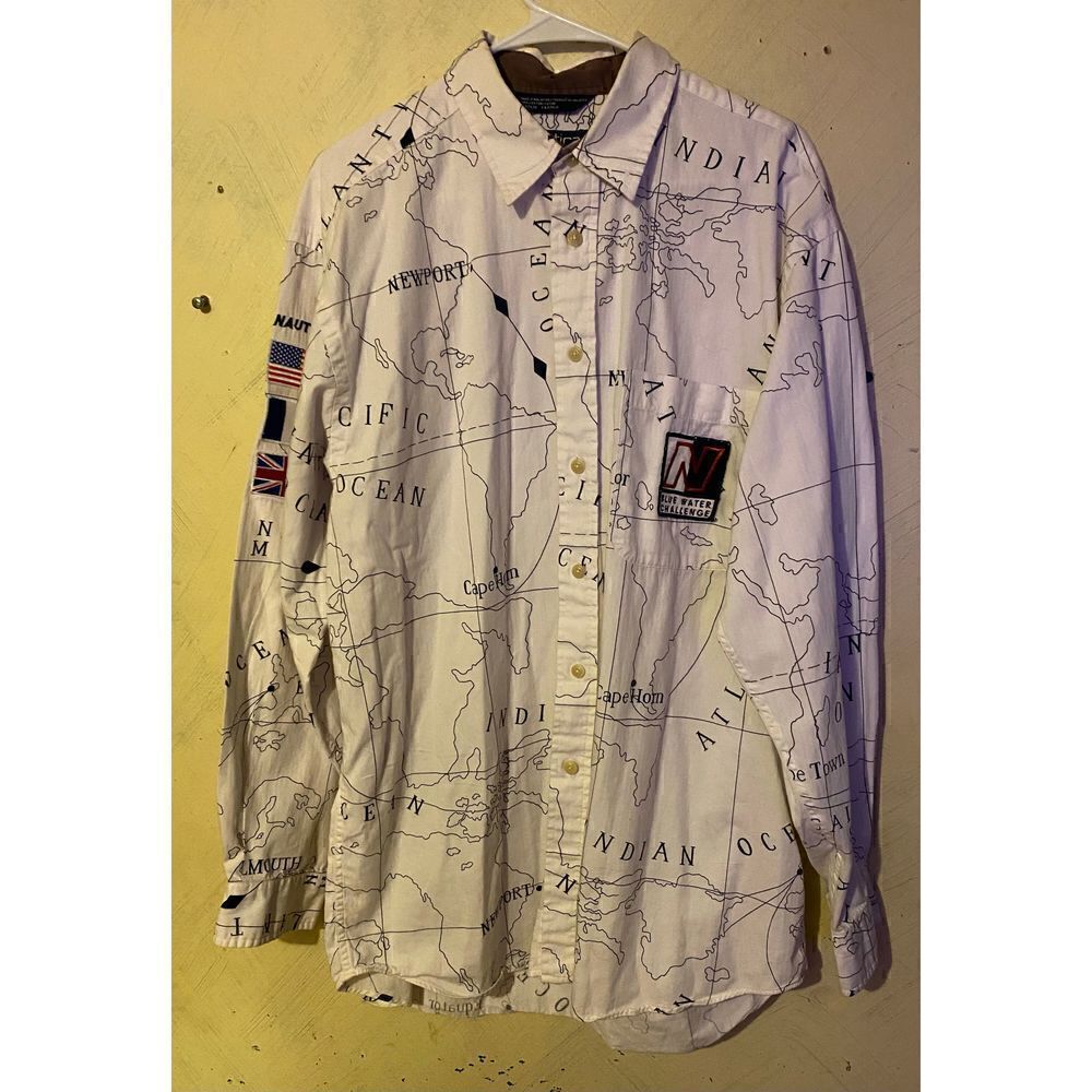 Vintage Nautica Blue water Challenge Ocean Map shirt sz Large Button up